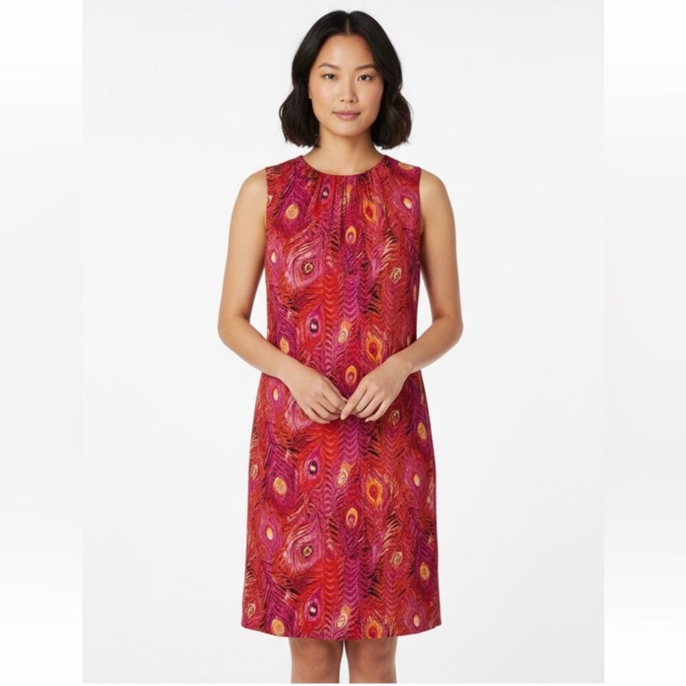 Tory Burch Silk Blend Feather Peacock Sleeveless Shift Dress